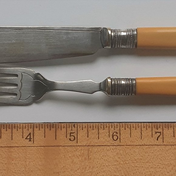 VTG Antique French Ivory Celluloid Handle Silver Plate Forks & Knieves Set of 12 - Picture 2 of 10